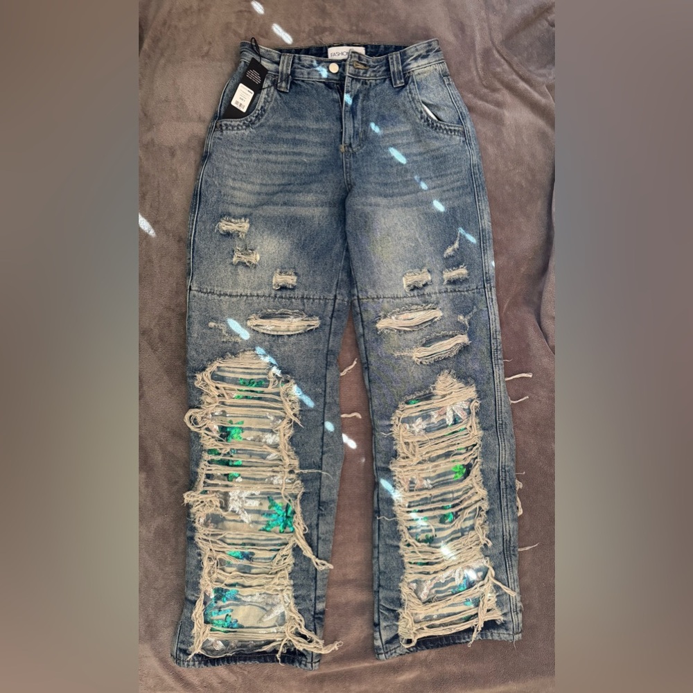 Fashion Nova Ripped Blue Boyfriend Jeans
